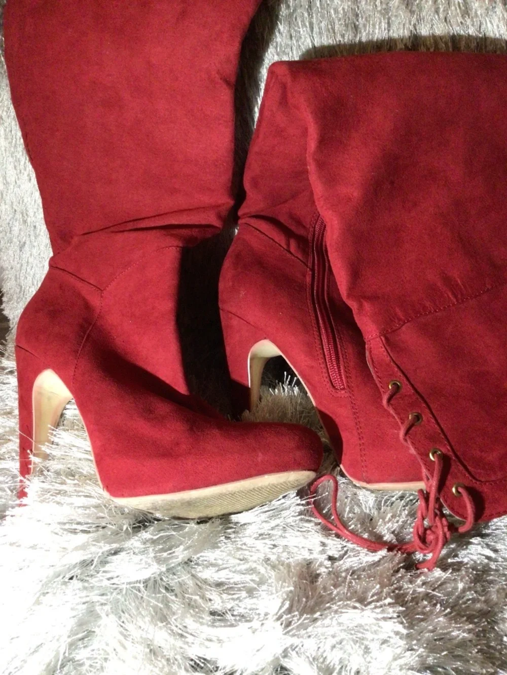 Candy Apple Red suede gold tip lace tie thigh high heeled boot